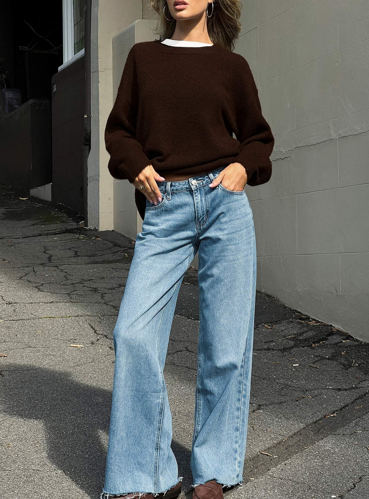 Featuring the Darla Low Rise Straight Leg Jean in Vintage Light Blue as womens jeans with low-rise front view of model wearing Princess Polly