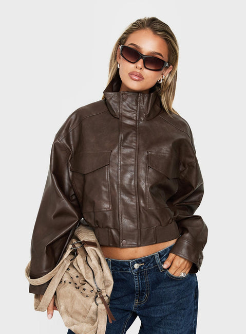 Ace Player Funnel Neck Faux Leather Jacket Brown Petite