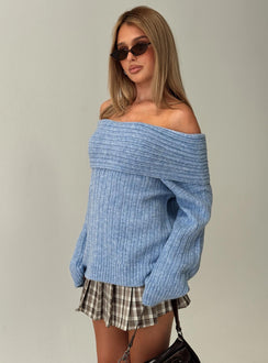 back view of model wearing Princess Polly Snowie Off Shoulder Knit Sweater Blue Longline Jumpers 