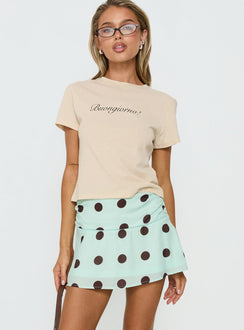  front view of model wearing Princess Polly Elicia Ruched Mini Skirt Mint / Chocolate Polka Dot Mini Skirts 