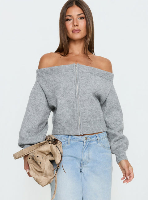 front view of model wearing Princess Polly Ortensa Off Shoulder Zip Through Jumper Grey Marle Cropped Jumpers 