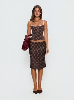  front view of model wearing Princess Polly Somani Satin Midi Skirt Brown / Pink Polka Dot Midi Skirts 