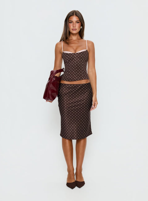   front view of model wearing Princess Polly Somani Satin Midi Skirt Brown / Pink Polka Dot Midi Skirts 