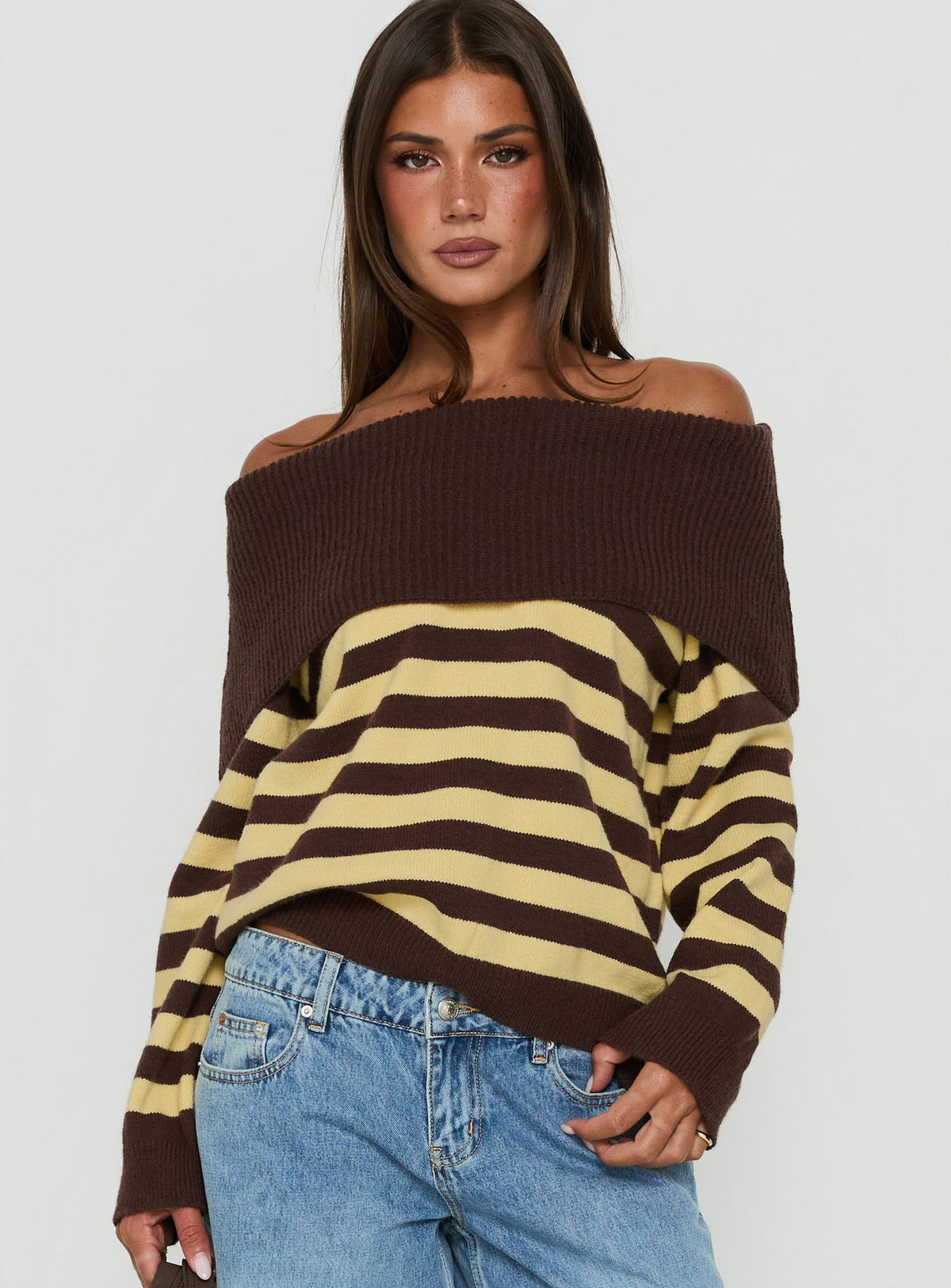 Next Page Foldover Long Sleeve Knit Sweater Brown / Yellow Stripe