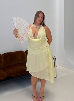 Discover the Evaleine Asymmetrical Chiffon Midi Skirt Baby Yellow Curve womens-skirts in midi length front view of model wearing Princess Polly