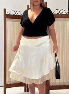Showcasing the Rosemead Satin Midi Skirt Cream Curve in womens-skirts with midi length front view of model wearing