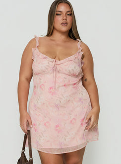 Dewdrops Chiffon Frill Mini Dress Pink Floral Curve