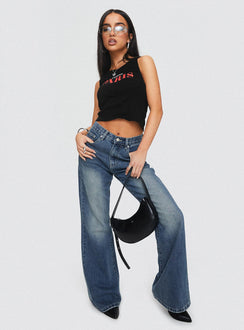 back view of model wearing Princess Polly Hanlen Jean Blue High Waisted 