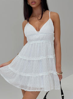 front view of model wearing Princess Polly Berry Nice Mini Dress White Plunger 
