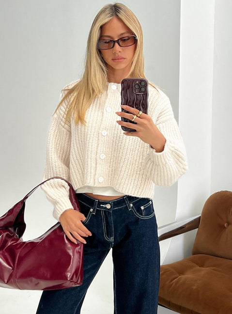 front view of model wearing Princess Polly Hadly Knit Cardigan Cream Cropped Jumpers 
