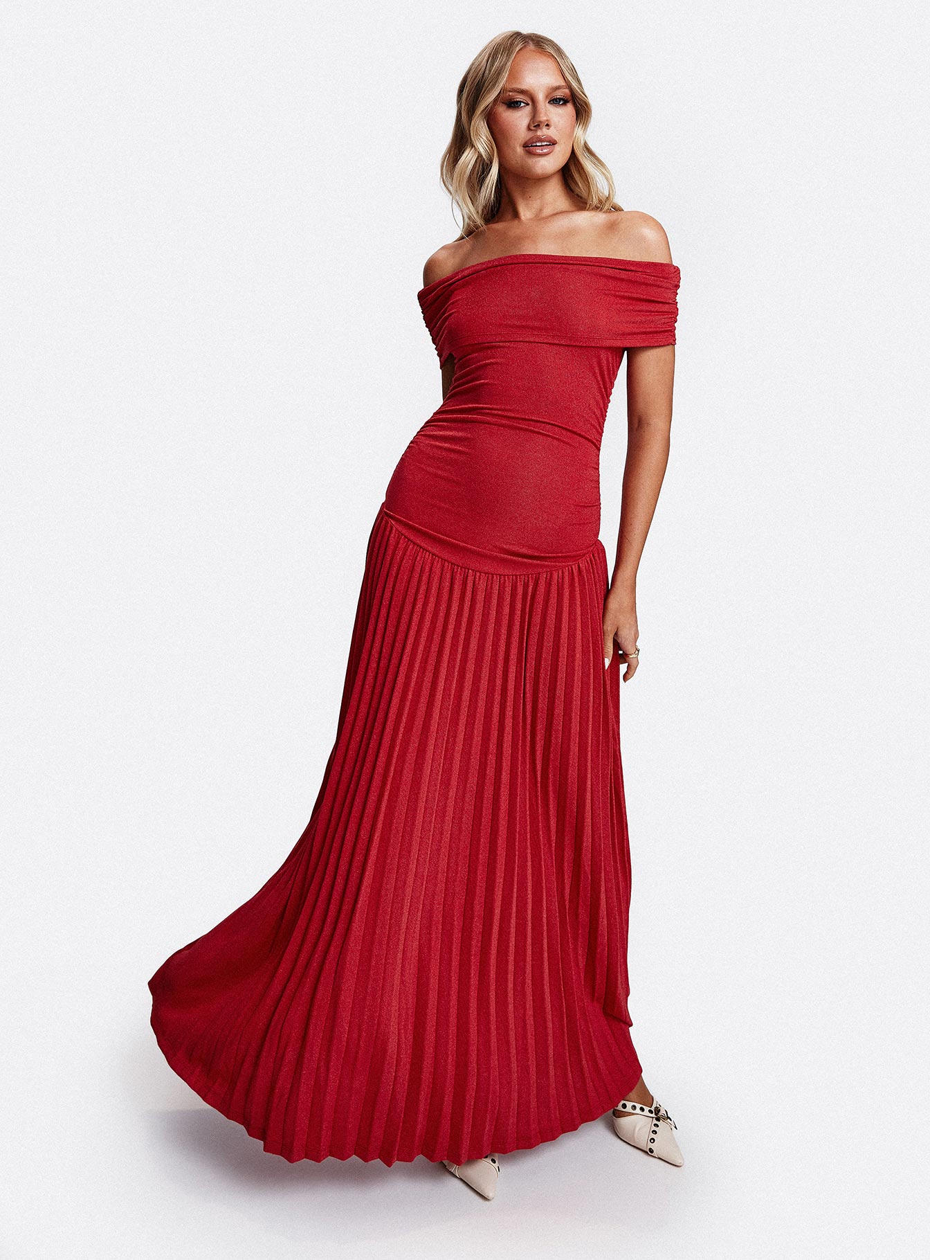 back view of model wearing Princess Polly Field Of Dreams Maxi Dress Crimson Straight Neck 