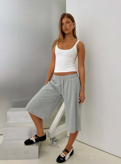 Showcasing the Nikko Longline Fleece Shorts Grey Marle in womens regular pants with mid-rise front view of model wearing Princess Polly