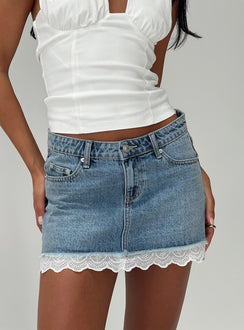 back view of model wearing Princess Polly Miyuki Denim Mini Skirt Mid Wash Mini Skirts 