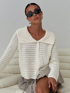 Showcasing the Tuscon Crochet Sweater White womens-jumpers in short length front view of model wearing Princess Polly