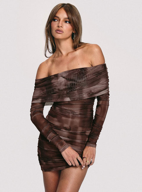 side view of model wearing Princess Polly Raquella Long Sleeve Mini Dress Brown Straight Neck 