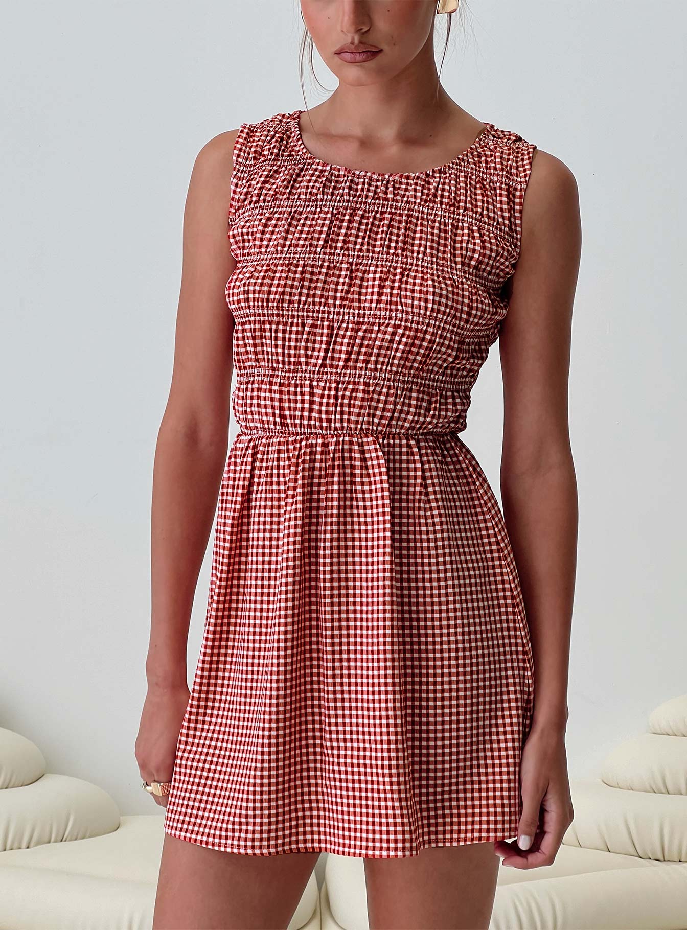 front view of model wearing Princess Polly Winxie Shirred Mini Dress Red Gingham Scoop Neck 