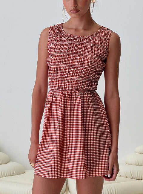 front view of model wearing Princess Polly Winxie Shirred Mini Dress Red Gingham Scoop Neck 