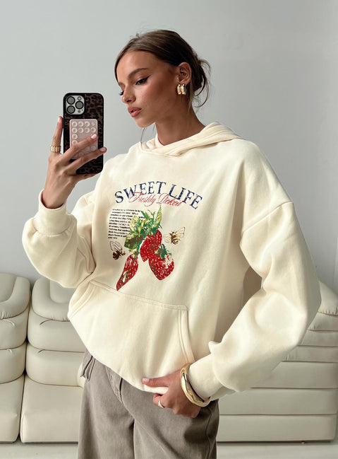 back view of model wearing Princess Polly Sweet Life Graphic Sweater Cream Long 
