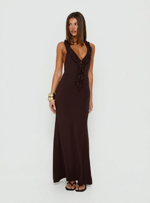 Charlique Halter Frill Maxi Dress Mahogany