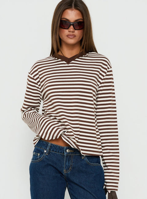 Viollette V Neck Long Sleeve Top Brown Stripe
