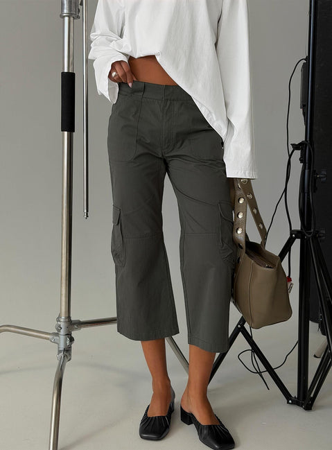 Featuring Indee Cropped Cargo Pants Charcoal in womens-regular-pants with mid-rise front view of model wearing Princess Polly