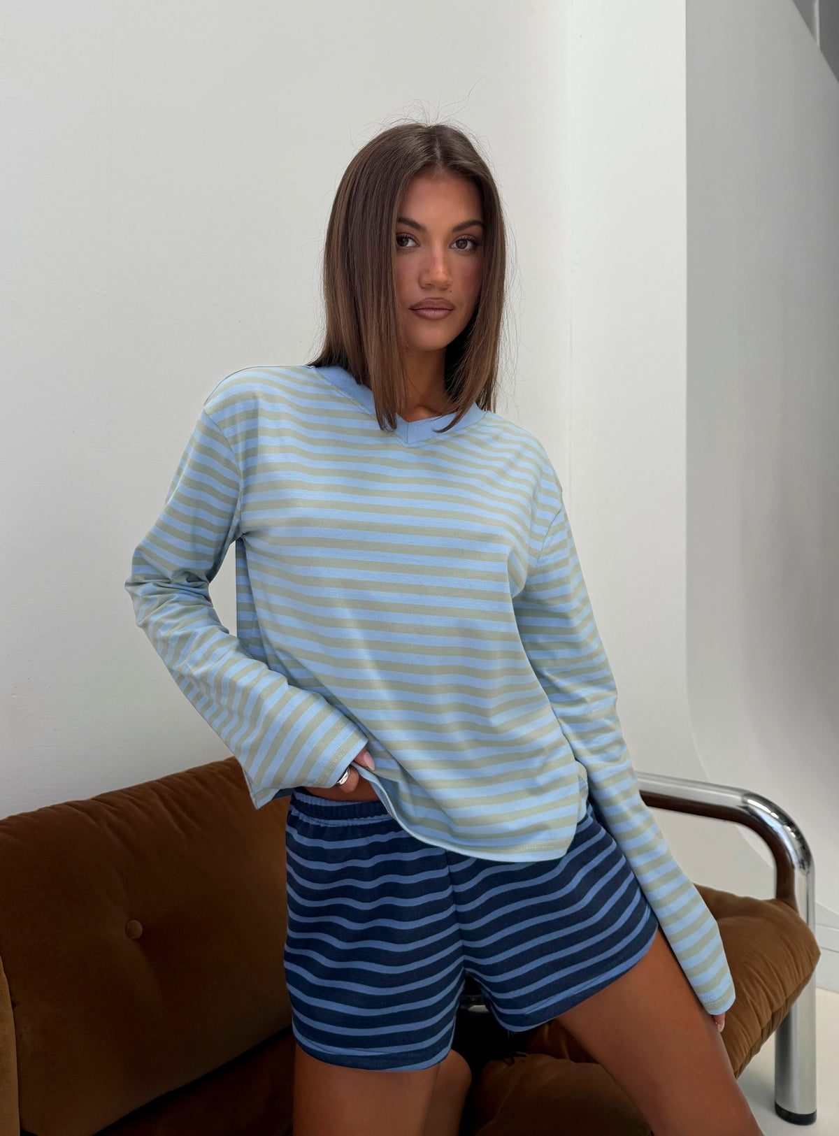 Viollette V Neck Long Sleeve Top Blue Stripe