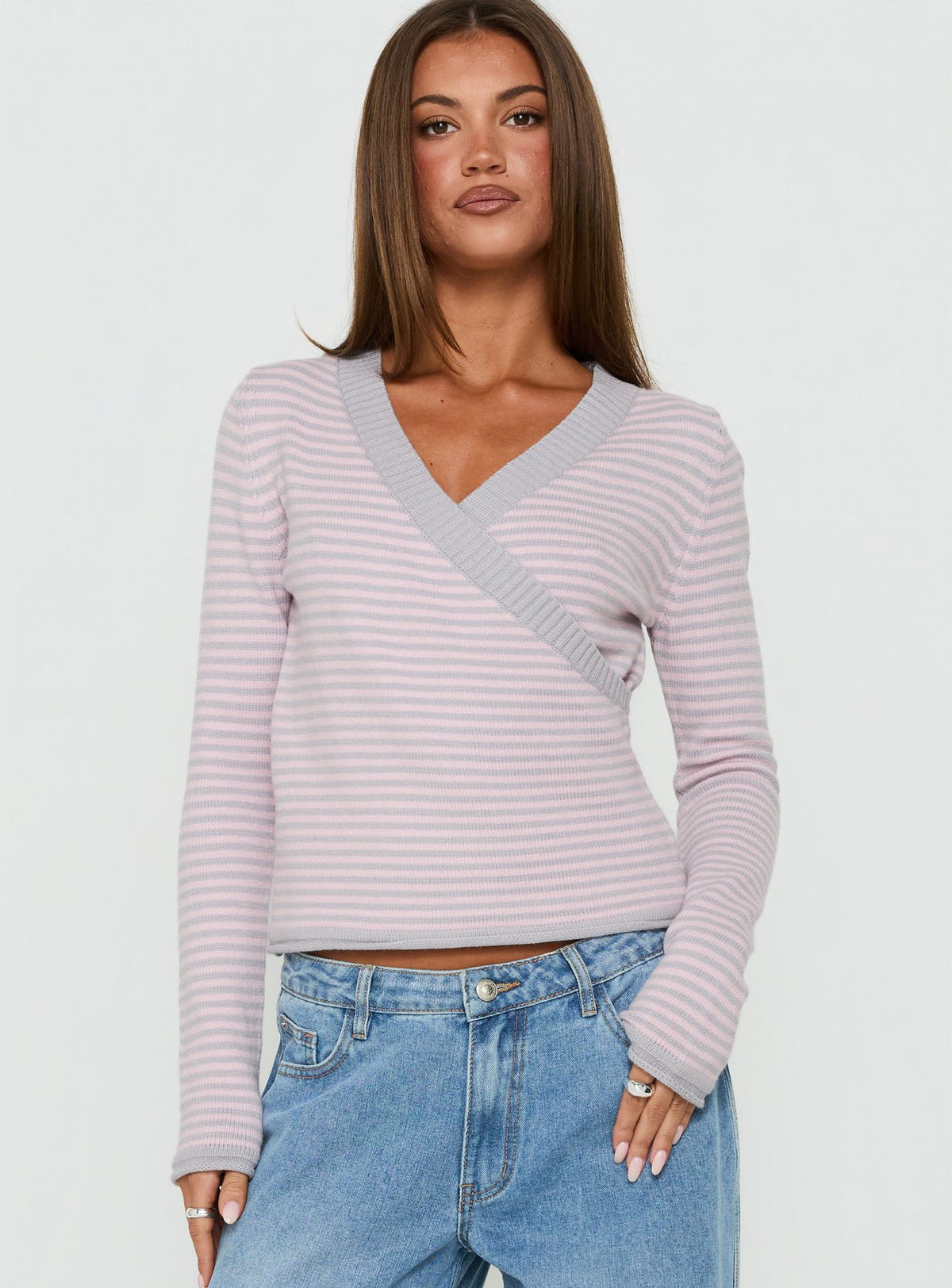 Lulieta Wrap Detail Knit Sweater Pink / Grey Stripe