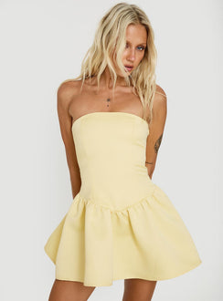 Soft Bloom Drop Waist Strapless Mini Dress Yellow