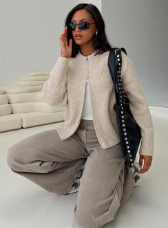 side view of model wearing Princess Polly Lexene Zip Through Jumper Oat Cropped Jumpers 