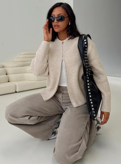 side view of model wearing Princess Polly Lexene Zip Through Jumper Oat Cropped Jumpers 