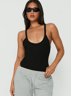 Introducing the Nerinah Ribbed Bodysuit in Black womens-bodysuit with sleeveless styling front view of model wearing
