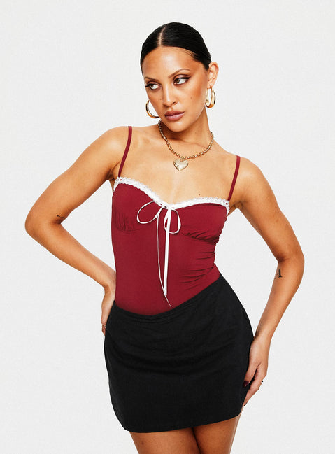 back view of model wearing Princess Polly Damsel Bodysuit Burgundy Sleeveless Sweetheart 