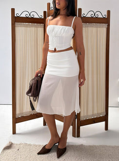 Showcasing the Camy Sheer Panelled Midi Skirt White womens-skirts in midi length front view of model wearing Princess Polly