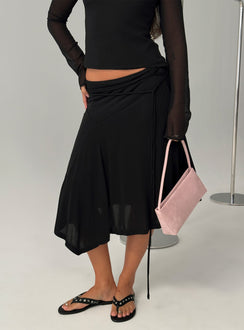   front view of model wearing Princess Polly Joaney Tie Side Jersey Midi Skirt Black Midi Skirts 