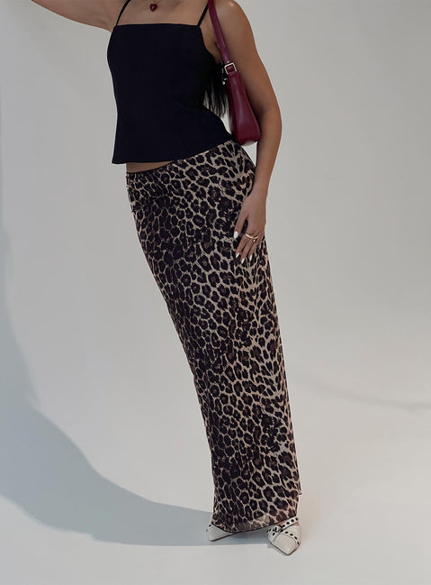 back view of model wearing Princess Polly Ergo Maxi Skirt Leopard Tall Maxi Skirts Skirts 
