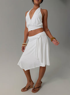 Showcasing the Soft Focus Tie Waist Midi Skirt White womens-skirts in midi length front view of model wearing