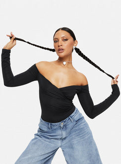 front view of model wearing Princess Polly Tarine Wrap Bodysuit Black Long Sleeve Tops Bodysuit 