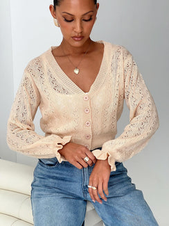 front view of model wearing Princess Polly Lyric Cropped Cardigan Beige Cropped Jumpers Jumpers 
