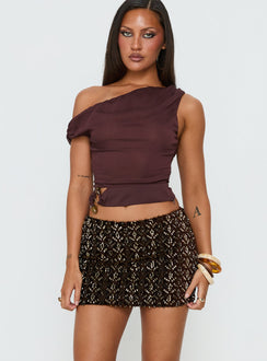   side view of model wearing Princess Polly Zaraya Sequin Mini Skirt Brown Mini Skirts 