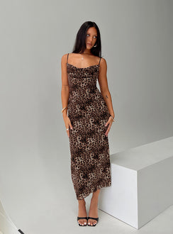 back view of model wearing Princess Polly Sugar Maxi Dress Leopard Cowl Neck 