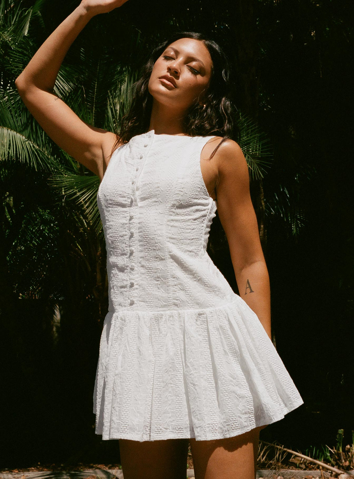front view of model wearing Princess Polly Sweeter Places Embroidered Mini Dress White Petite Boat Neck 