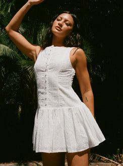 front view of model wearing Princess Polly Sweeter Places Embroidered Mini Dress White Petite Boat Neck 