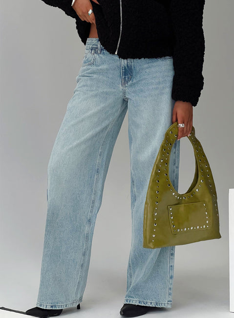 back view of model wearing Princess Polly Edge Of Town Jeans Vintage Blue Mid Rise 