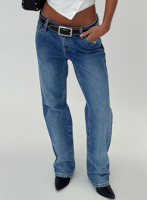back view of model wearing Princess Polly Better Half Low Rise Jeans Horizon Blue Low Rise Jeans 