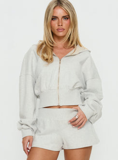 front view of model wearing Princess Polly Daytime Cropped Blouson Hoodie Snow Marle 