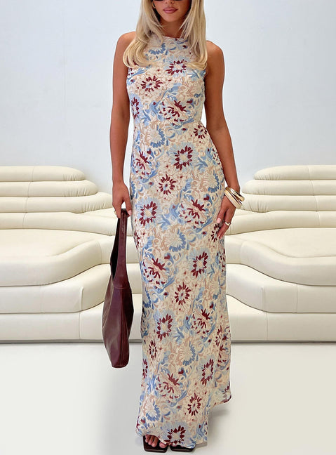 front view of model wearing Princess Polly Roam Free Maxi Dress Multi Crew Neck 