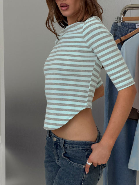 Cecielea Scooped Hem 3/4 Sleeve Top Blue / Grey Stripe