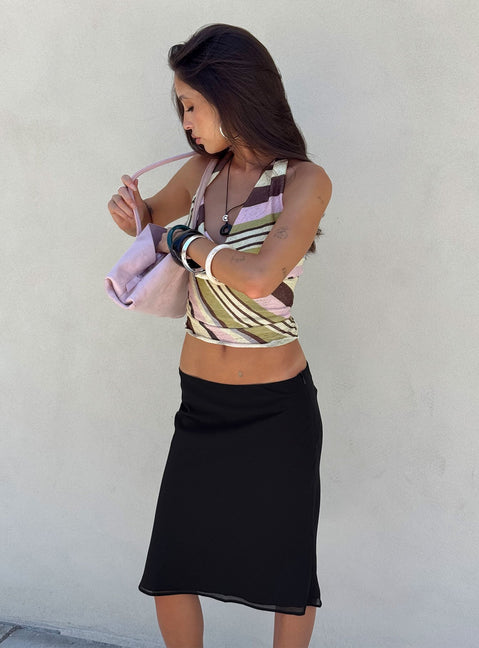Featuring the Anatola Midi Skirt Black in womens-skirts with midi length side view of model wearing Princess Polly
