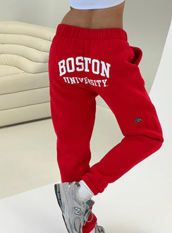 back view of model wearing Princess Polly BU Sweatpants Red High Waisted Pants 