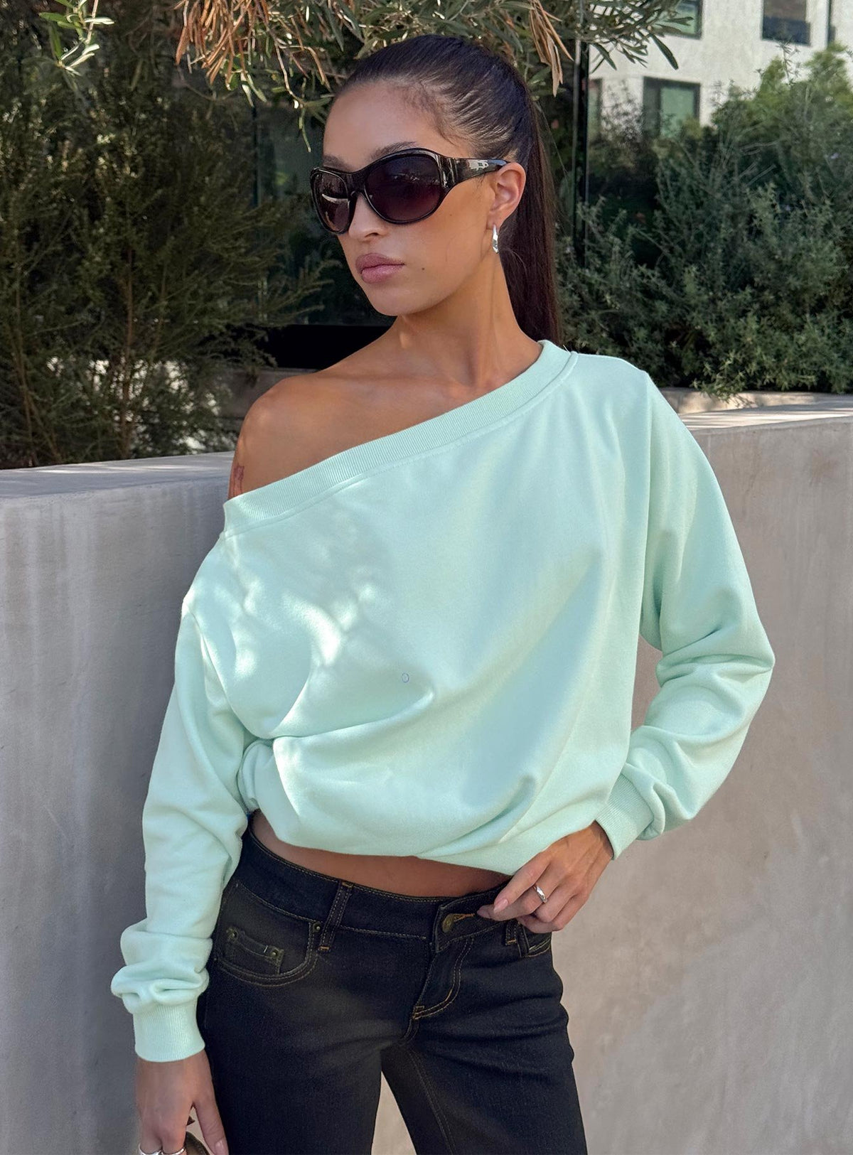 Wellness Off The Shoulder Sweatshirt Turquoise